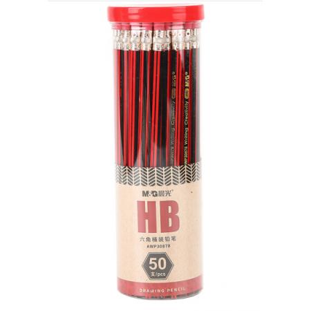 晨光(M&G)文具HB六角木桿鉛筆 經(jīng)典紅黑抽條鉛筆 學(xué)生素描繪圖木桿鉛筆(帶橡皮頭) 50支/桶AWP30878