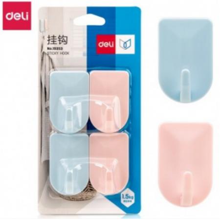 得力（deli）掛鉤強力粘膠貼墻壁壁掛承重廚房掛勾無痕粘貼門后免打孔粘鉤 1.5kg承受重量 彩色4只 19353