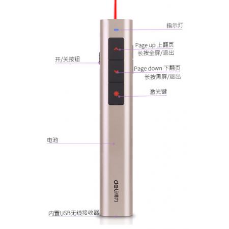 得力(deli)可充電音量調(diào)節(jié)教鞭  PPT幻燈片遙控器 電子筆演講筆激光演示筆翻頁筆 無線演示器 紅光 玫金2809R