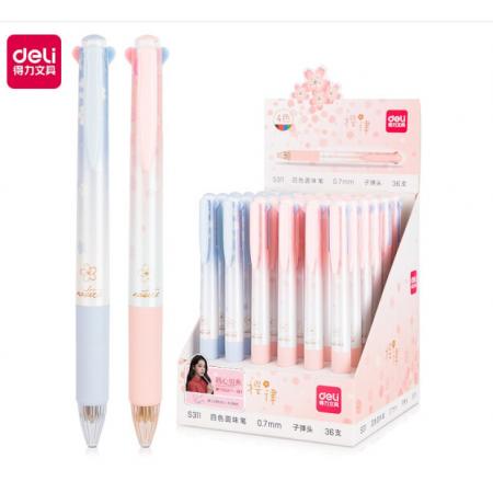 得力四色圓珠筆按動多色筆多功能 彩色紅黑藍(lán)色0.7mm原子筆學(xué)生用多彩中油筆 s311櫻律款（6只裝）
