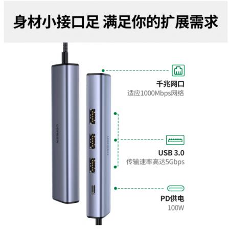 綠聯(lián) Type-C擴展塢拓展塢網線轉接頭帶千兆網口轉USB3.0分線器雷電3/4蘋果MacBook筆記本M1/2芯片通用五合一