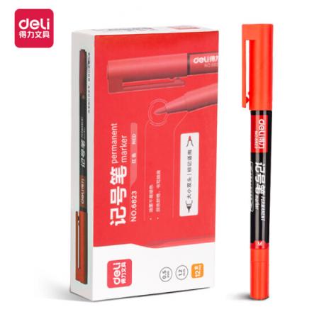 得力(deli) 小雙頭記號(hào)筆 12支/盒 紅色 6823