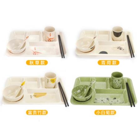 密胺四格多格分餐盤(pán)六格學(xué)?？觳捅P(pán)長(zhǎng)方形塑料餐具餐館食堂盤(pán)套裝 加厚五件套(白色)