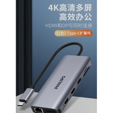 飛利浦 SWR1602K Type-c擴(kuò)展塢4K60Hz投屏 USB-C轉(zhuǎn)雙HDMI/DP/千兆網(wǎng)口拓展塢轉(zhuǎn)接頭MST模式蘋果華為筆記本轉(zhuǎn)換器11合1