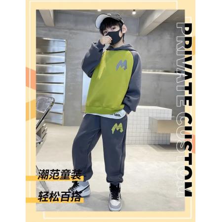 男童童裝加絨加厚款兒童套裝連帽衛(wèi)衣衛(wèi)褲兩件套男孩中大童秋冬裝 綠色（春秋款） 130(適合身高120厘米左右)