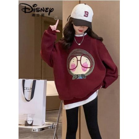 迪士尼（Disney）女童衛(wèi)衣秋冬 加絨加厚冬季長袖一體絨中大童兒童上衣 酒紅色 150cm
