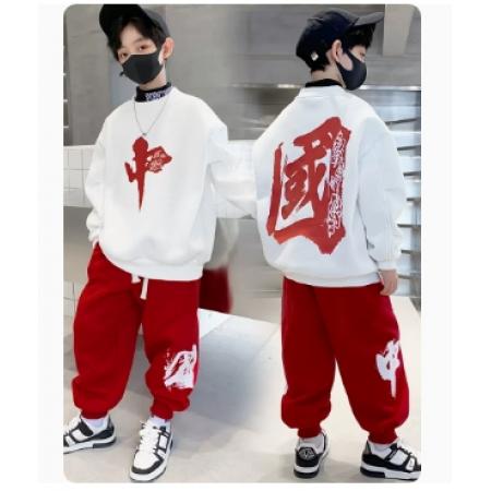 元旦街舞兒童潮服中國風小學生運動會班服爵士幼兒園啦啦隊演出服（米色中國衛(wèi)衣＋酒紅中國長褲＋帽子）
