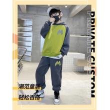 男童童裝加絨加厚款兒童套裝連帽衛(wèi)衣衛(wèi)褲兩件套男孩中大童秋冬裝 綠色（春秋款） 130(適合身高120厘米左右)