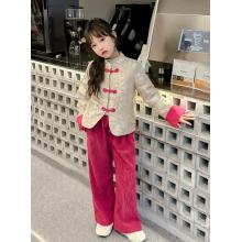 女童新中式年服套裝兒童元旦演出服高級感唐裝羽絨上衣褲子兩件套