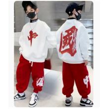 元旦街舞兒童潮服中國(guó)風(fēng)小學(xué)生運(yùn)動(dòng)會(huì)班服爵士幼兒園啦啦隊(duì)演出服（米色中國(guó)衛(wèi)衣＋酒紅中國(guó)長(zhǎng)褲＋帽子）