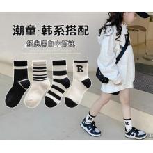 季米塔（Jimita）兒童襪子春秋季女童中筒襪韓版ins黑白條紋寶寶純棉秋冬男童潮襪 黑白條紋R-4雙裝 XL 約9-12歲（建議腳長(zhǎng)20-22cm）