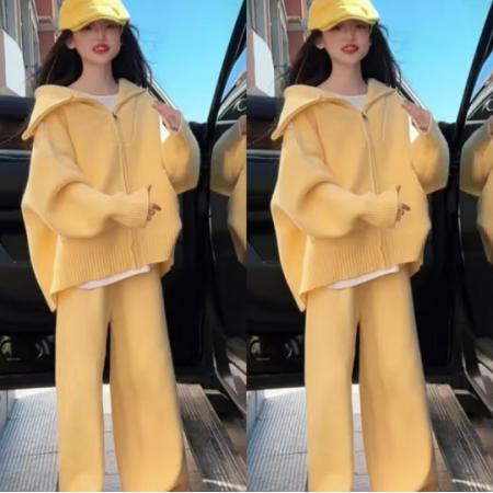 安踏 女童毛衣套裝2024冬裝新款大童時髦洋氣秋冬加厚針織闊腿褲兩件套 黃色針織兩件套 150碼 建議身高1米45左右