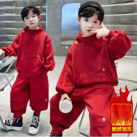安踏 男童冬裝加絨加厚童裝男新年套裝兒童運(yùn)動(dòng)套裝男孩衣服中大童冬季 紅色 140碼 建議身高135cm左右