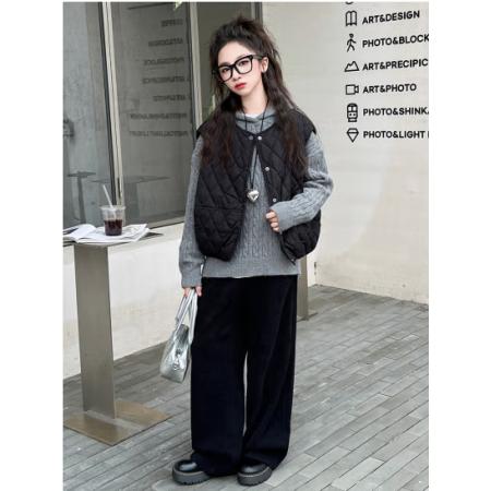 安踏 女童秋冬馬甲套裝2024新款大童毛衣闊腿褲休閑韓系女孩春秋衣服潮 單件--黑色褲子--加絨【秋冬款】 160cm