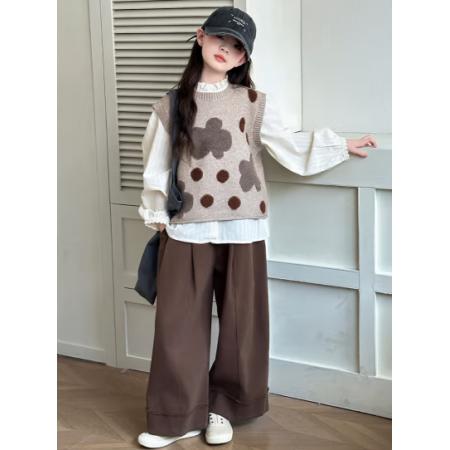安踏 女童春秋裝兒童套裝2024童裝女孩衣服毛衣馬甲襯衫闊腿褲三件套 三件套=馬甲+襯衫+闊腿褲 150碼建議身高145CM