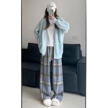 安踏 棉致加絨加厚毛呢格子褲子女秋季新款寬松闊腿高腰運(yùn)動(dòng)休閑衛(wèi)褲 687藍(lán)色【加絨高品質(zhì)】 L 100-120斤