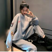 安踏徑運(yùn)動(dòng)服套裝女秋冬洋氣網(wǎng)紅炸街寬松休閑時(shí)尚加絨衛(wèi)衣跑步服兩件裝 灰色 【加絨套裝】 S 建議75-90斤」